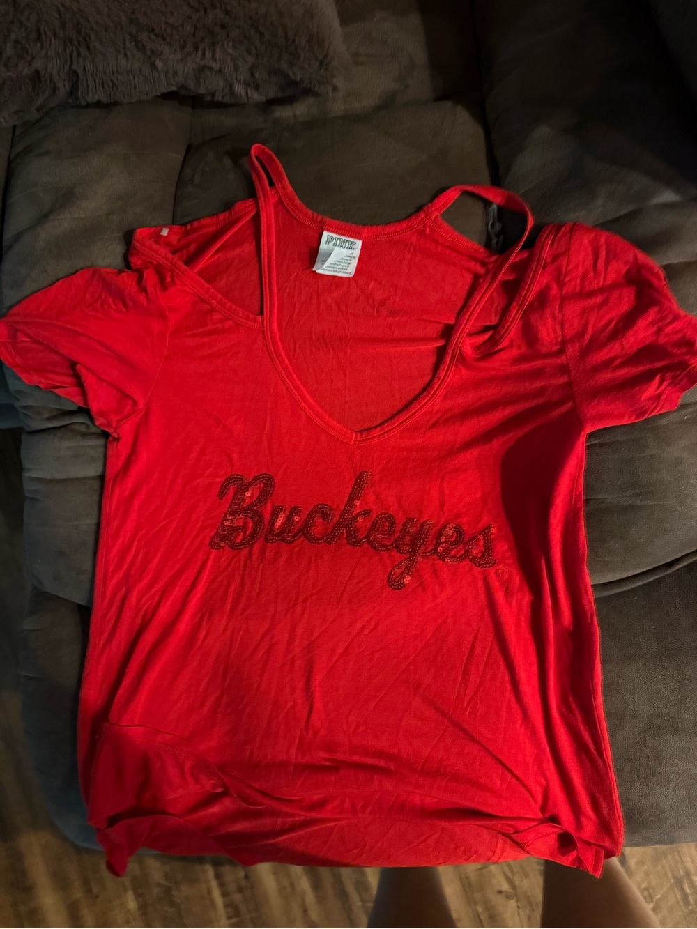 Pink Victoria’s Secret Buckeyes, cold shoulder sequin V-neck